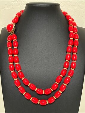 Bright Red Double Strand Lucite Oval Bead Gold Tone Accent Necklace